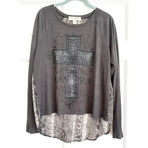 Wound Up Womens XL Grey Snake Print Cross High Low Mixed Media Long Sleeve Top